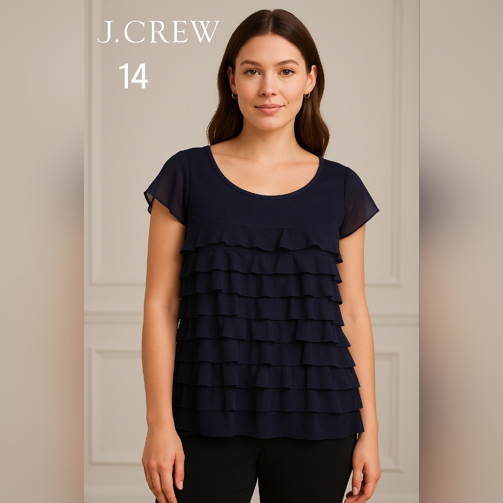 J.Crew Women’s Short Sleeve Tiered Ruffle Top Navy Blue Size 14